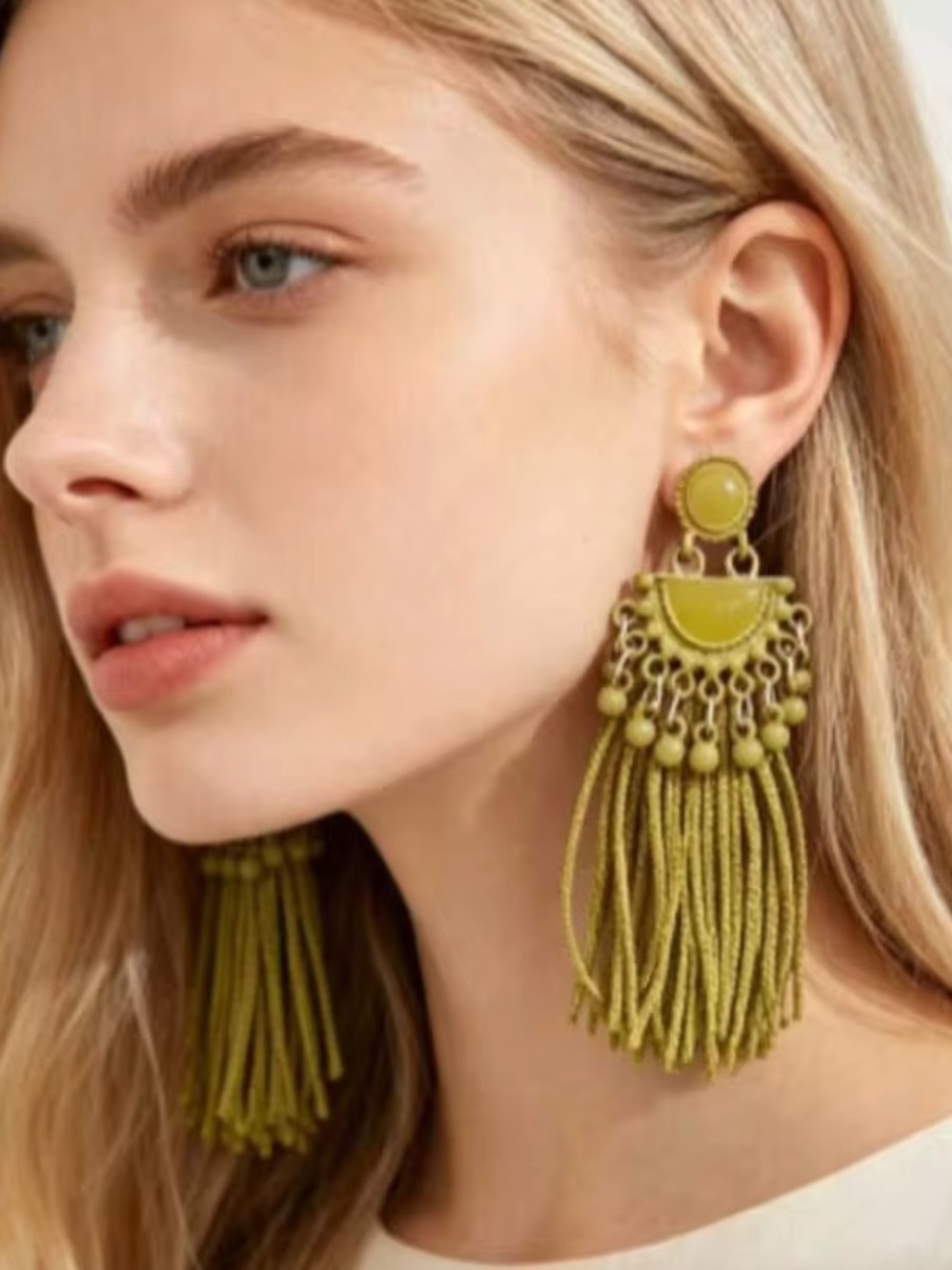 Chartreuse Yellow Green Fringe Beaded Long Boho Hippie Earrings New Costume
